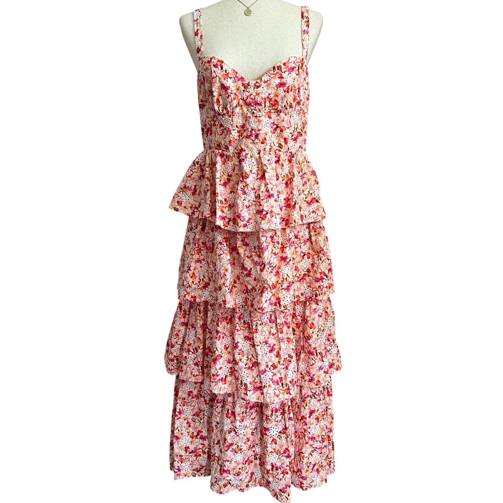 ASTR The Label Midsummer Eyelet Maxi Dress Pink Floral Tiered Smocked Cotton L